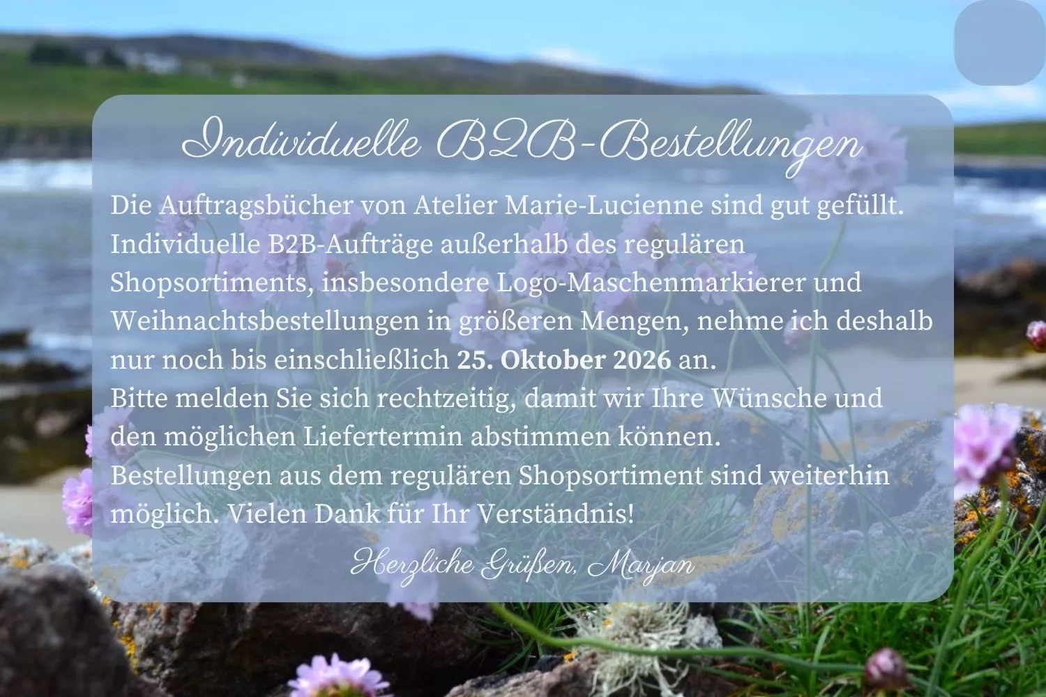 Atelier Marie-Lucienne individuelle B2b -Bestellungen