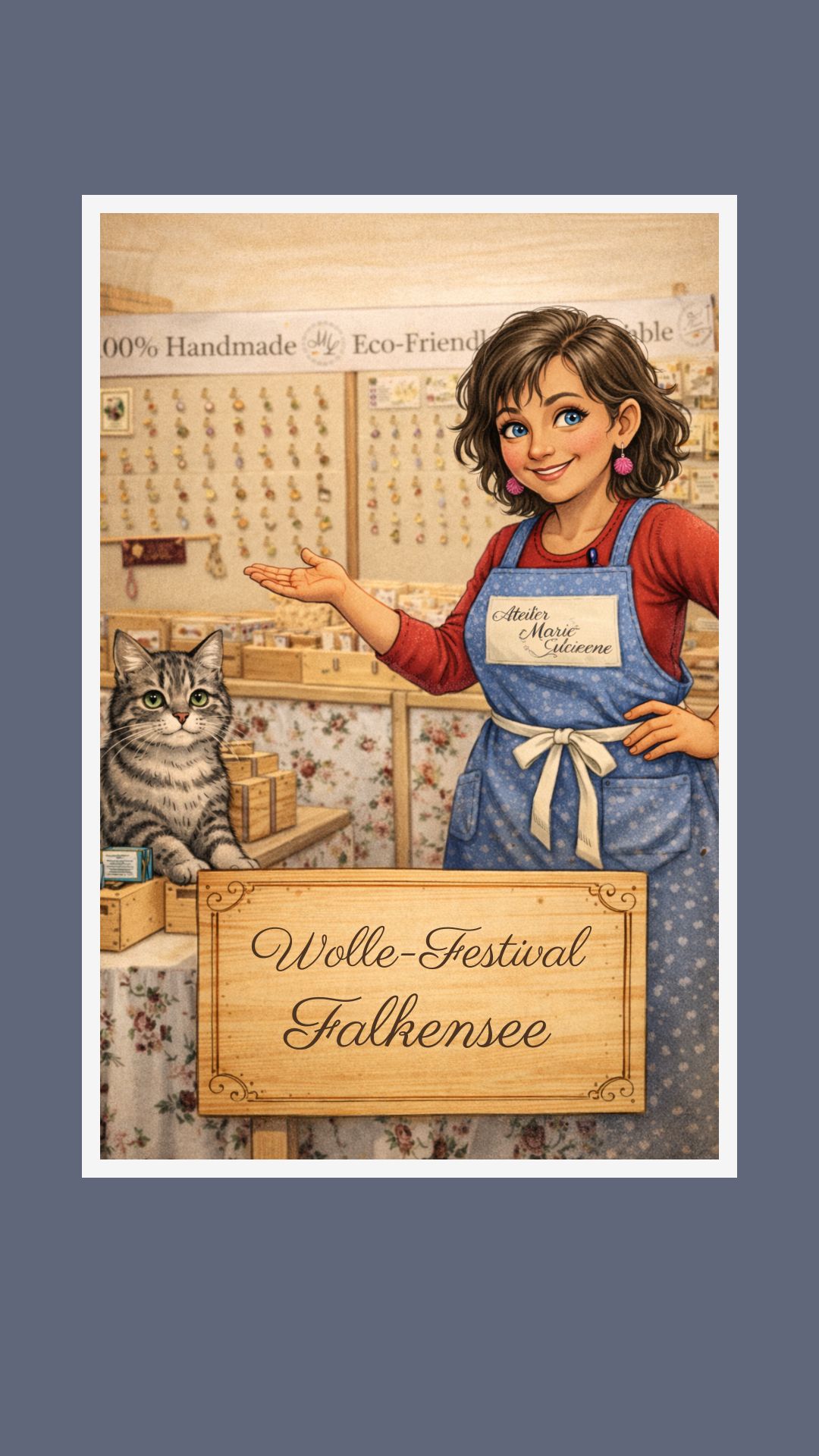 KI-Bild Marjan mit Moneypenny vor Schild "Wolle festival Falkensee"