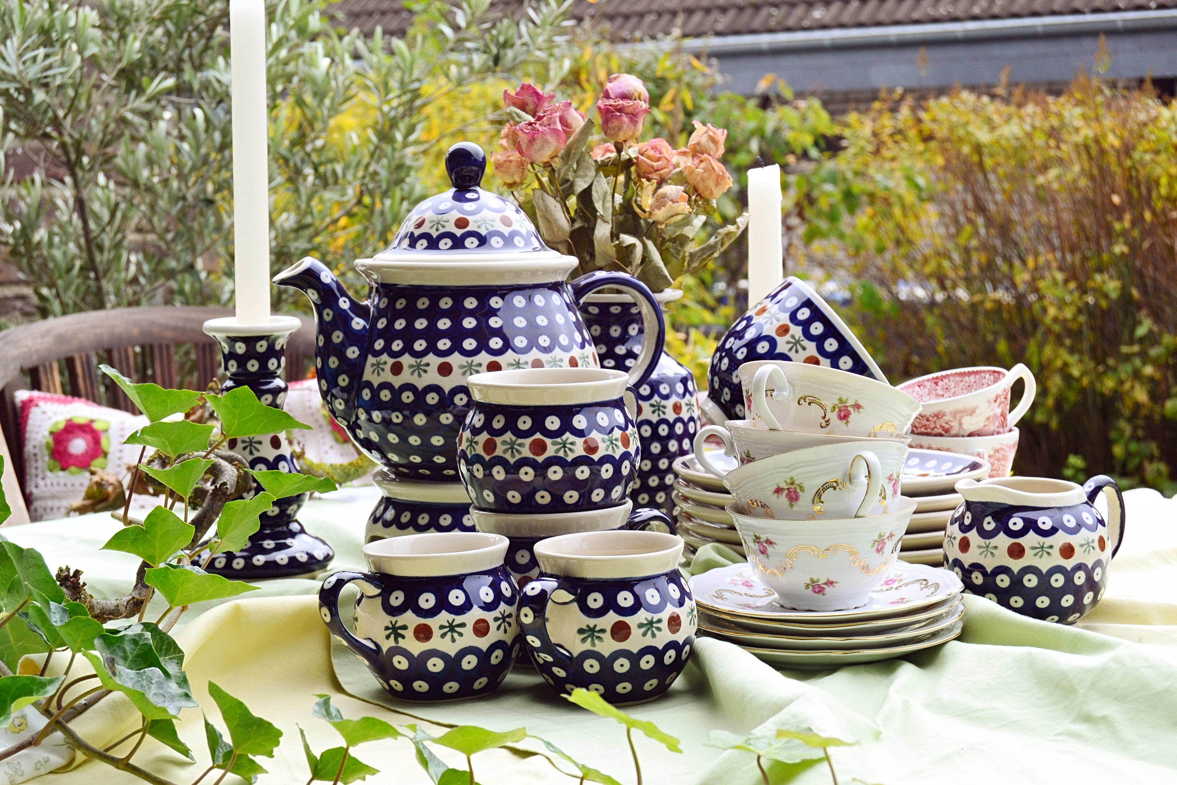 Beautifully set coffee table with different porcelain