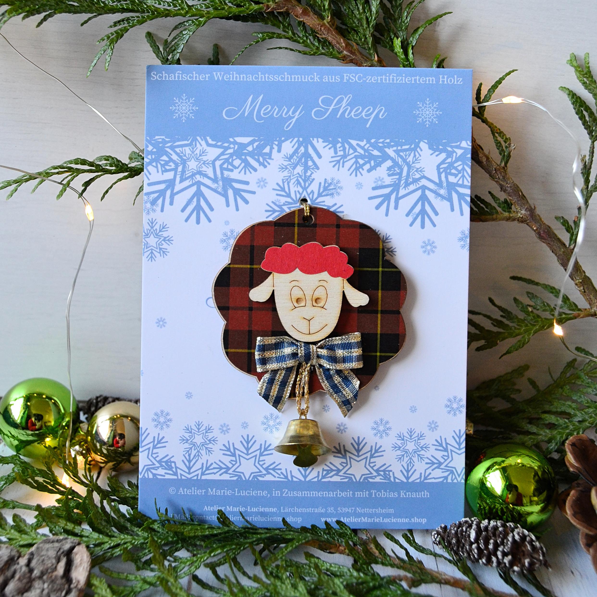 Weihnachtsanhänger aus Holz, Ronald, Merry Sheep mit Glöckchen an Backing Card